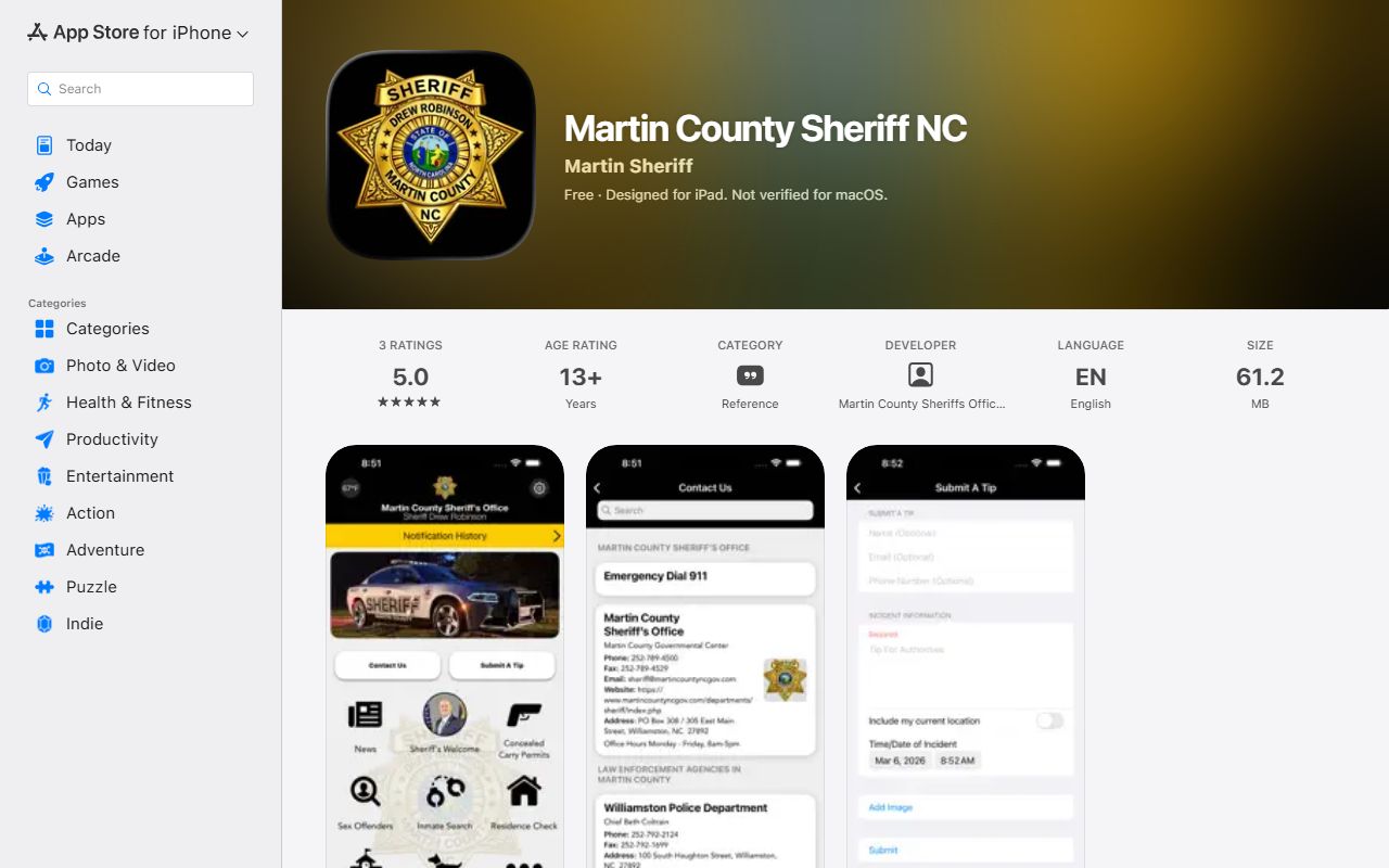 Martin County Sheriff NC app listing for booking photo search channel