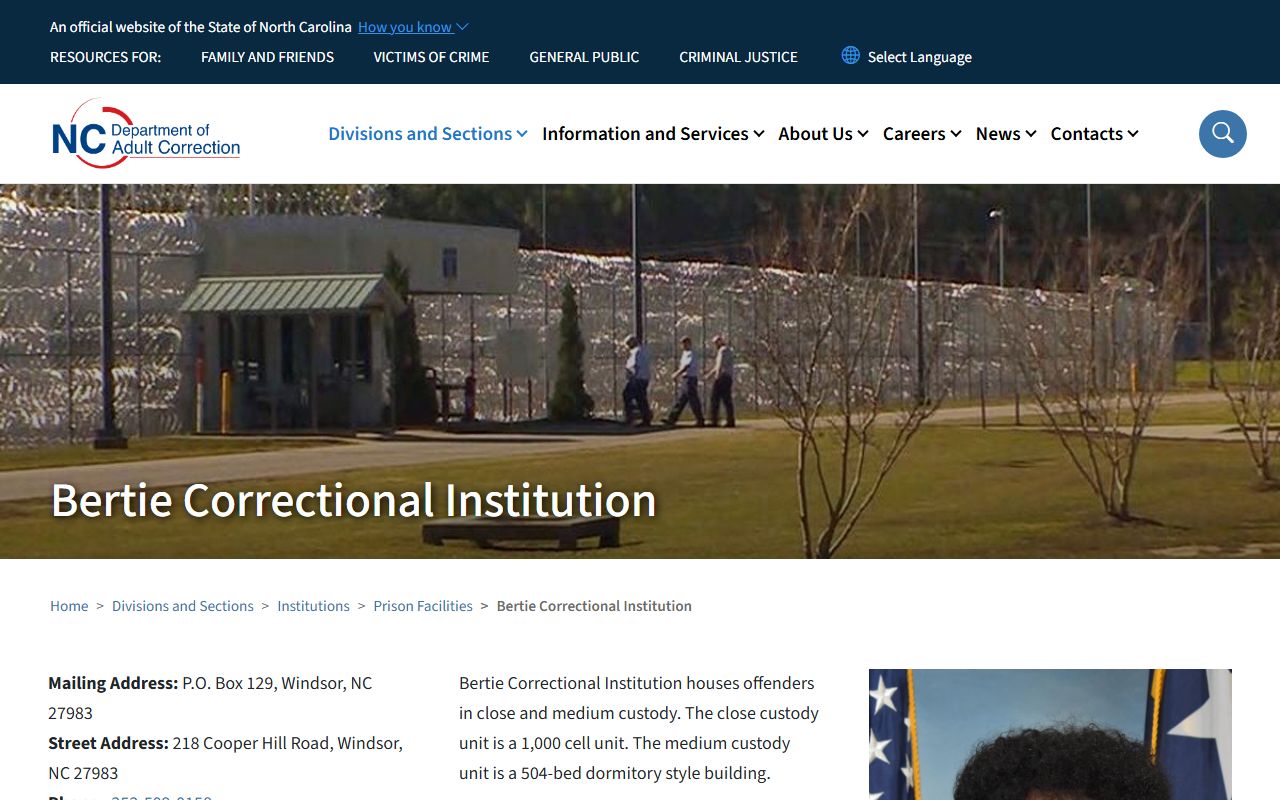 Bertie Correctional Institution inmate facility record page from NCDAC