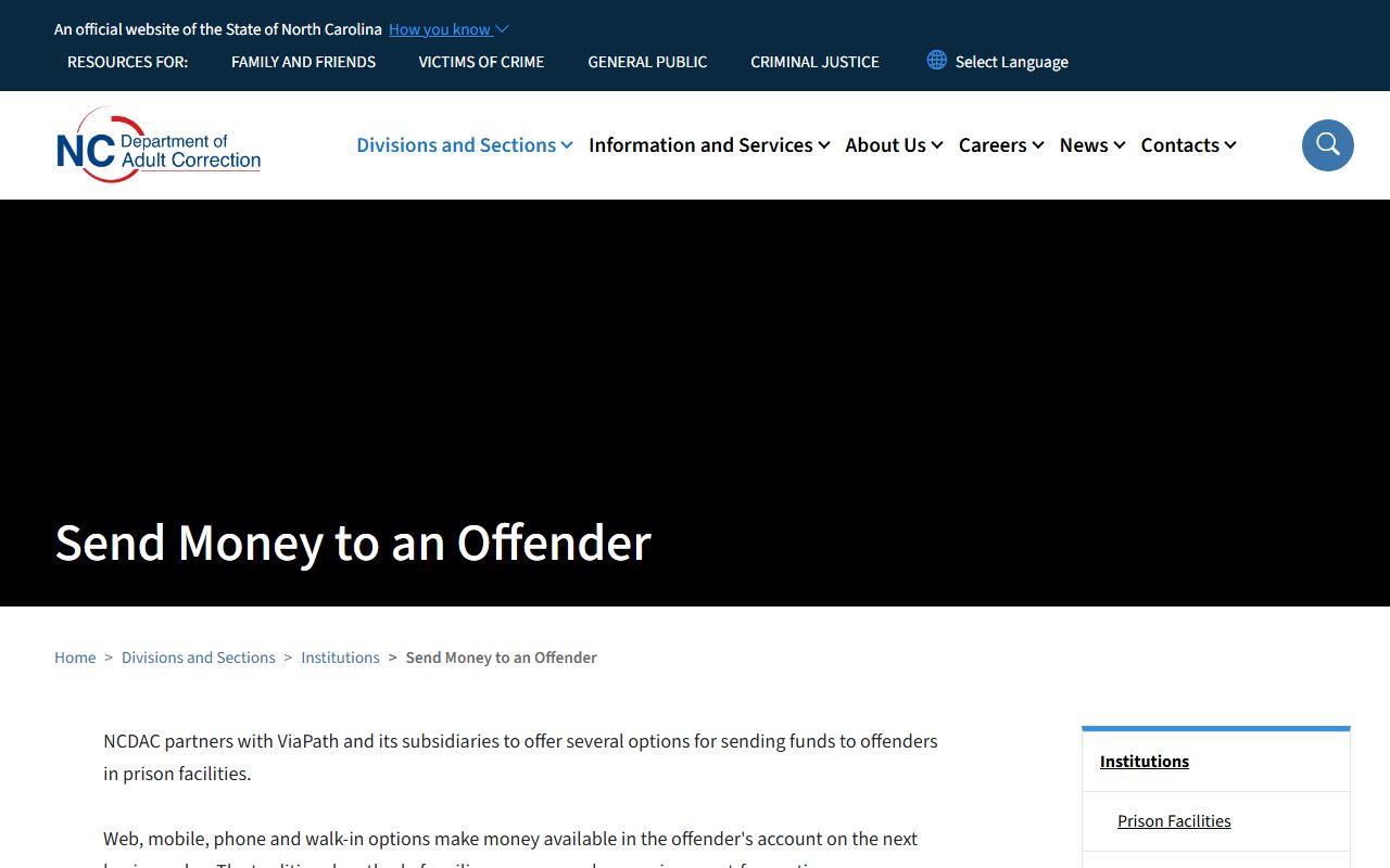 Bertie Correctional Institution inmate money records page with NCDAC deposit options